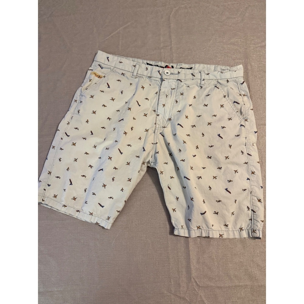 Jack & Jones Men 34 Blue Airplane Embroidered Chino Shorts Aviation Print Casual